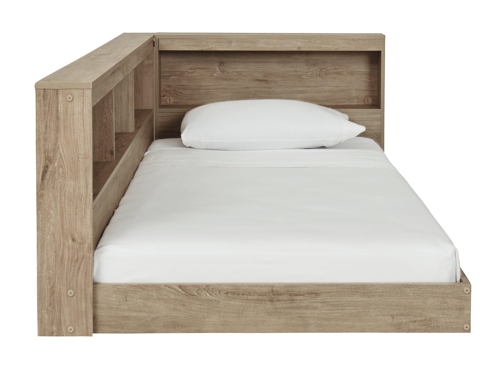 Oliah Natural Twin Bookcase Storage Bed close-up on natural oak grain finish