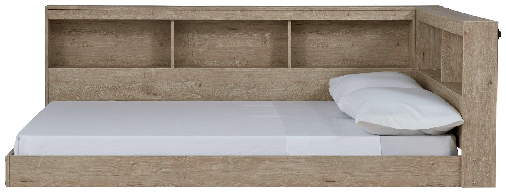 Front view of Oliah bookcase storage bed headboard
