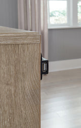 Detail of USB charging ports on Oliah bed headboard