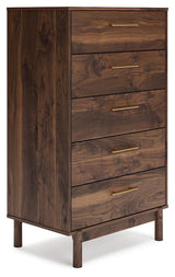 Side angle of Calverson Mocha 5-drawer chest