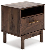 Calverson Mocha Nightstand side view highlighting walnut grain finish