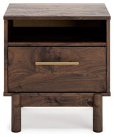 Calverson Mocha Nightstand drawer open showing vinyl lining