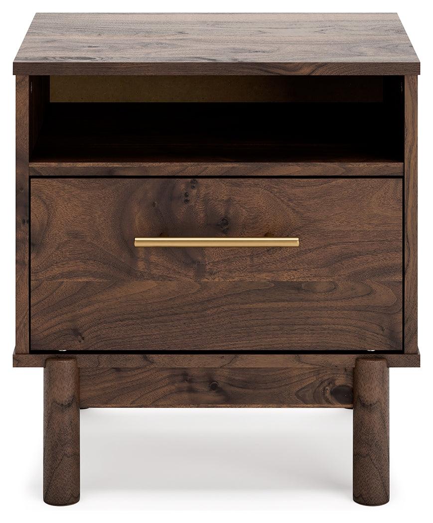 Calverson Mocha Nightstand drawer open showing vinyl lining