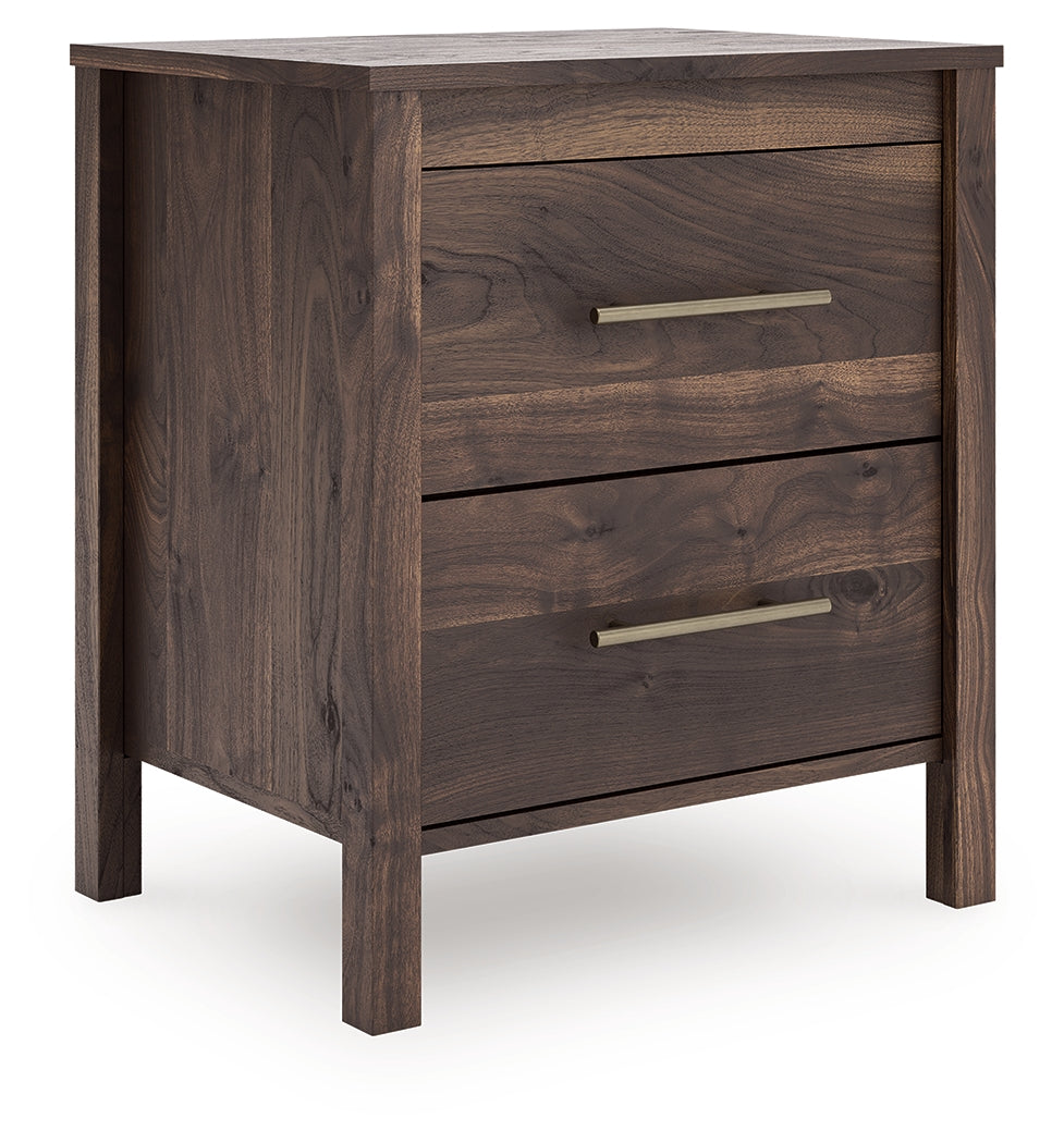 Calverson Mocha Nightstand with open drawer and goldtone handle