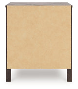 Calverson Mocha Nightstand with open drawer and goldtone handle