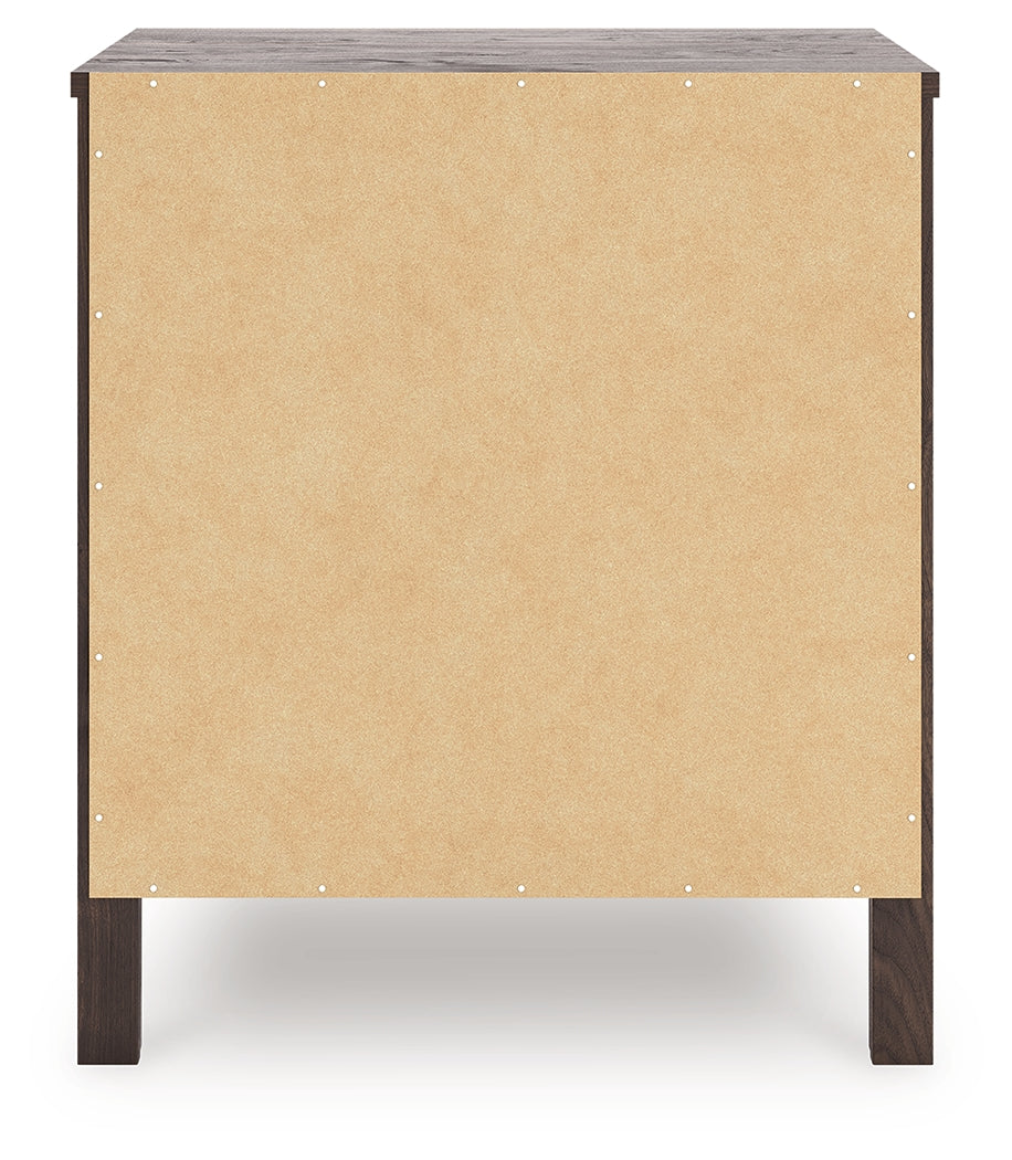 Calverson Mocha Nightstand with open drawer and goldtone handle