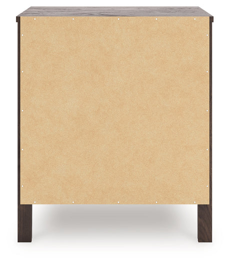Calverson Mocha Nightstand with open drawer and goldtone handle