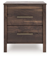 Calverson Mocha Nightstand with open drawer and goldtone handle