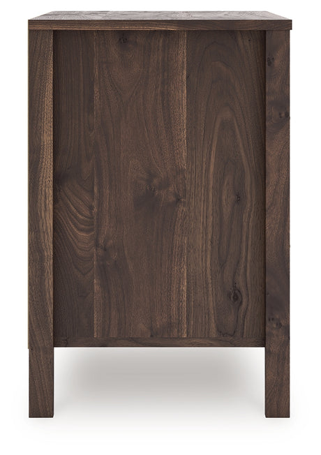 Calverson Mocha Nightstand with open drawer and goldtone handle