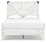 Side view of Shawburn Full Crossbuck Panel Platform Bed in white and dark charcoal gray