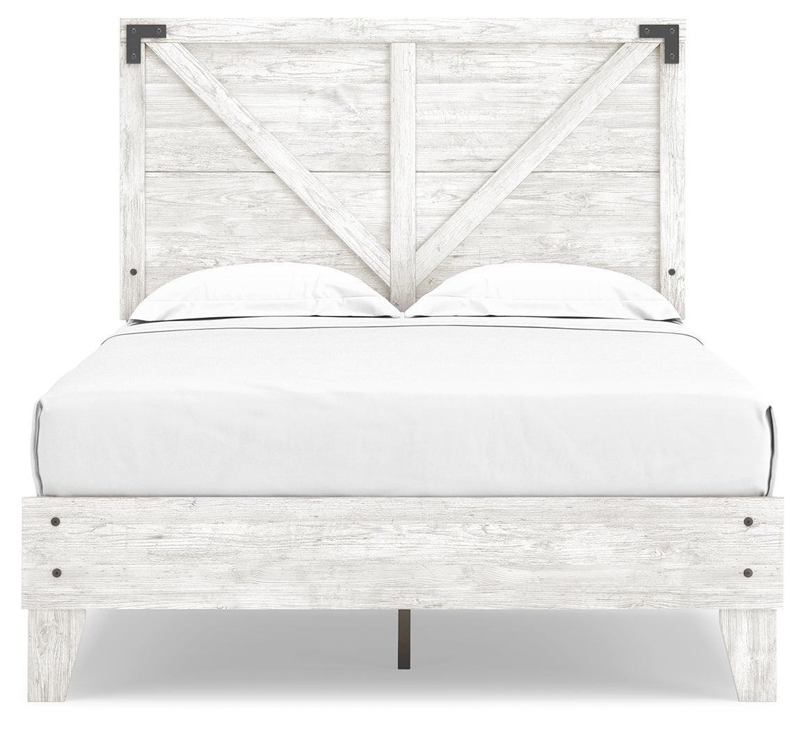 Side view of Shawburn Full Crossbuck Panel Platform Bed in white and dark charcoal gray