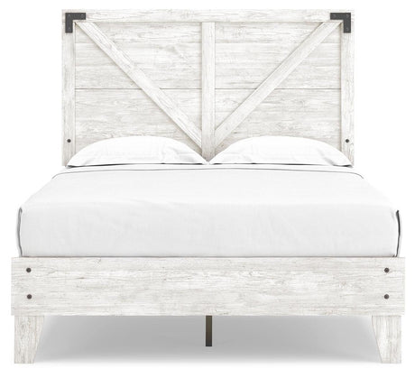 Side view of Shawburn Full Crossbuck Panel Platform Bed in white and dark charcoal gray