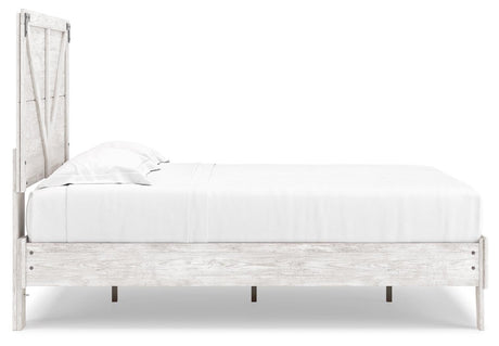 Detail of crossbuck panel and pewter-tone hardware on Shawburn bed in white and charcoal gray