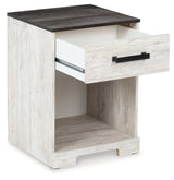Shawburn nightstand open cubby and drawer, angled view