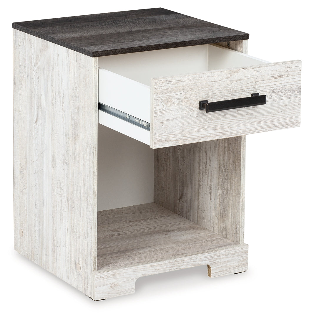 Shawburn nightstand open cubby and drawer, angled view