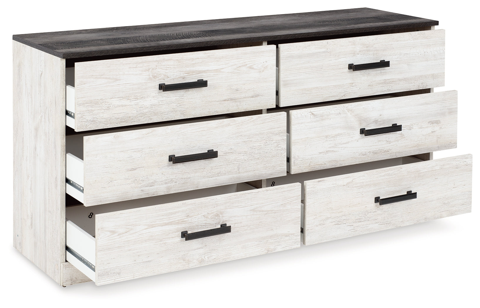 Angle view of Shawburn dresser open drawer