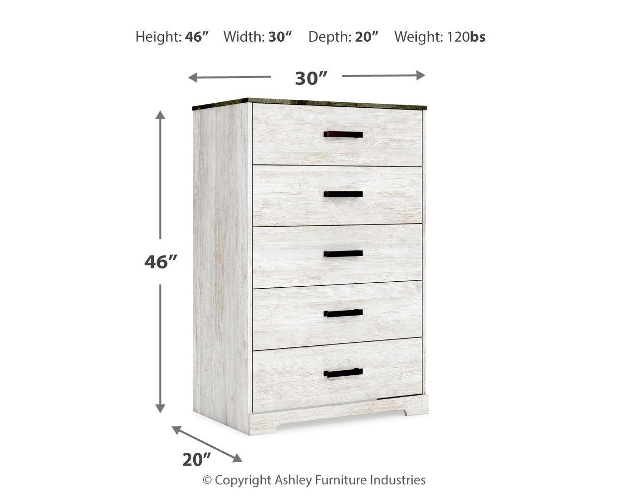 Dimension diagram for Shawburn chest of drawers showing measurements