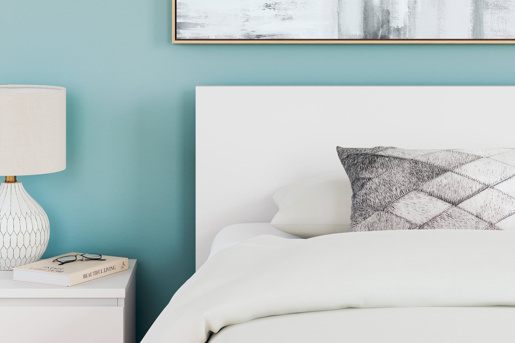 Onita white twin bed full setup in bedroom