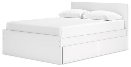 Contemporary white platform bed storage drawer detail