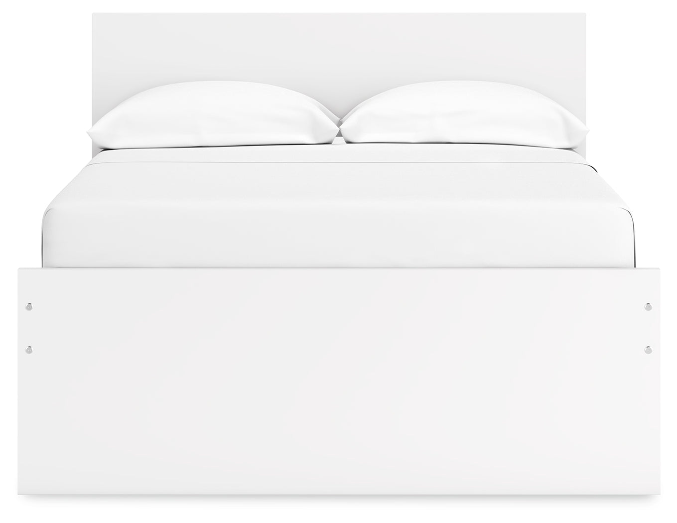 Head-on view of Onita white full-size panel bed