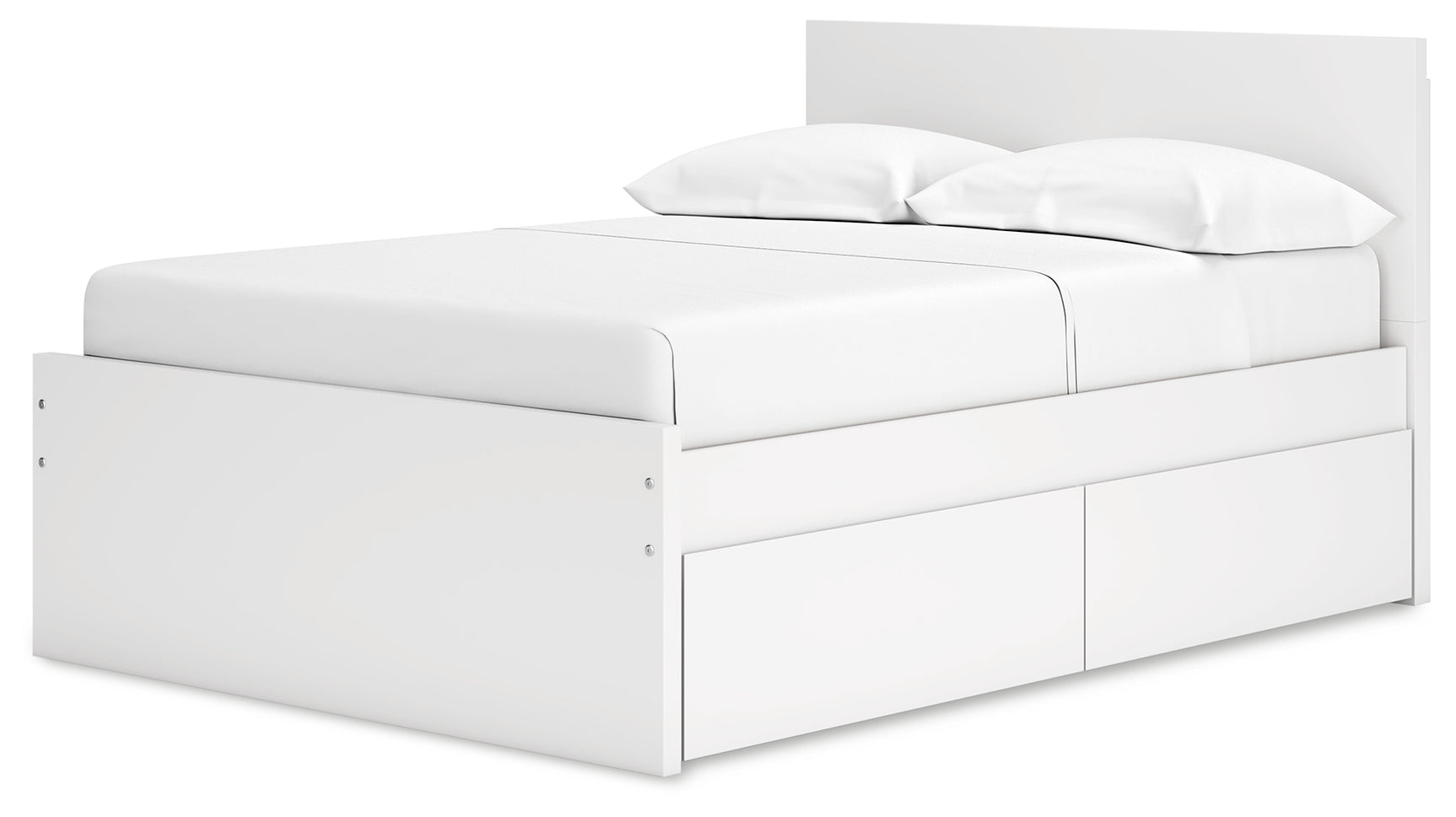 White full size bed storage drawer detail with ball-bearing glide