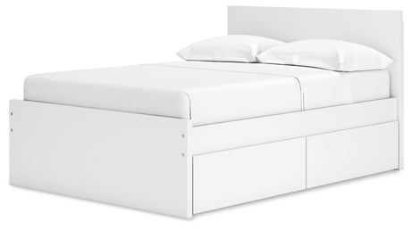 White full size bed storage drawer detail with ball-bearing glide