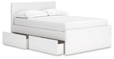Storage drawers open on Onita white platform bed side view