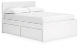 Onita full white panel bed side angle showing storage drawers open