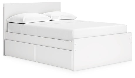 Onita full white panel bed side angle showing storage drawers open