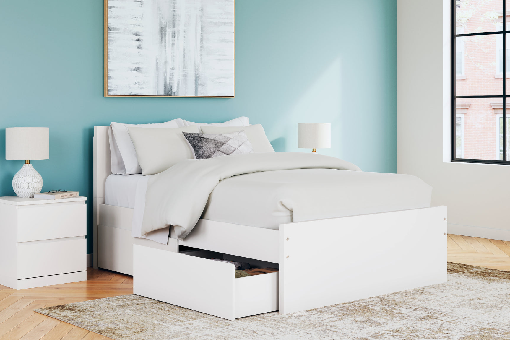Open storage drawer view on Onita full bed