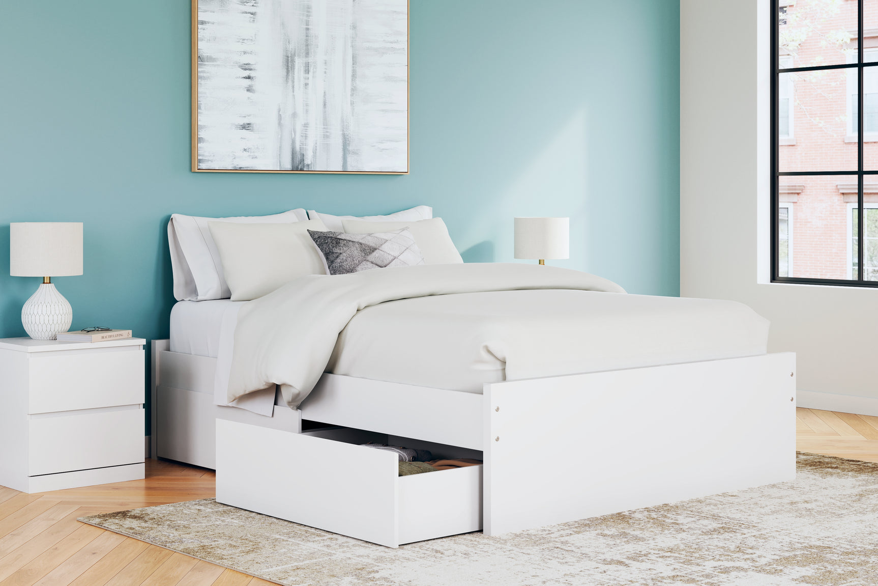 Onita bed with drawer open showing storage space