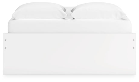 Onita White Queen Platform Bed, close-up of slat support and frame
