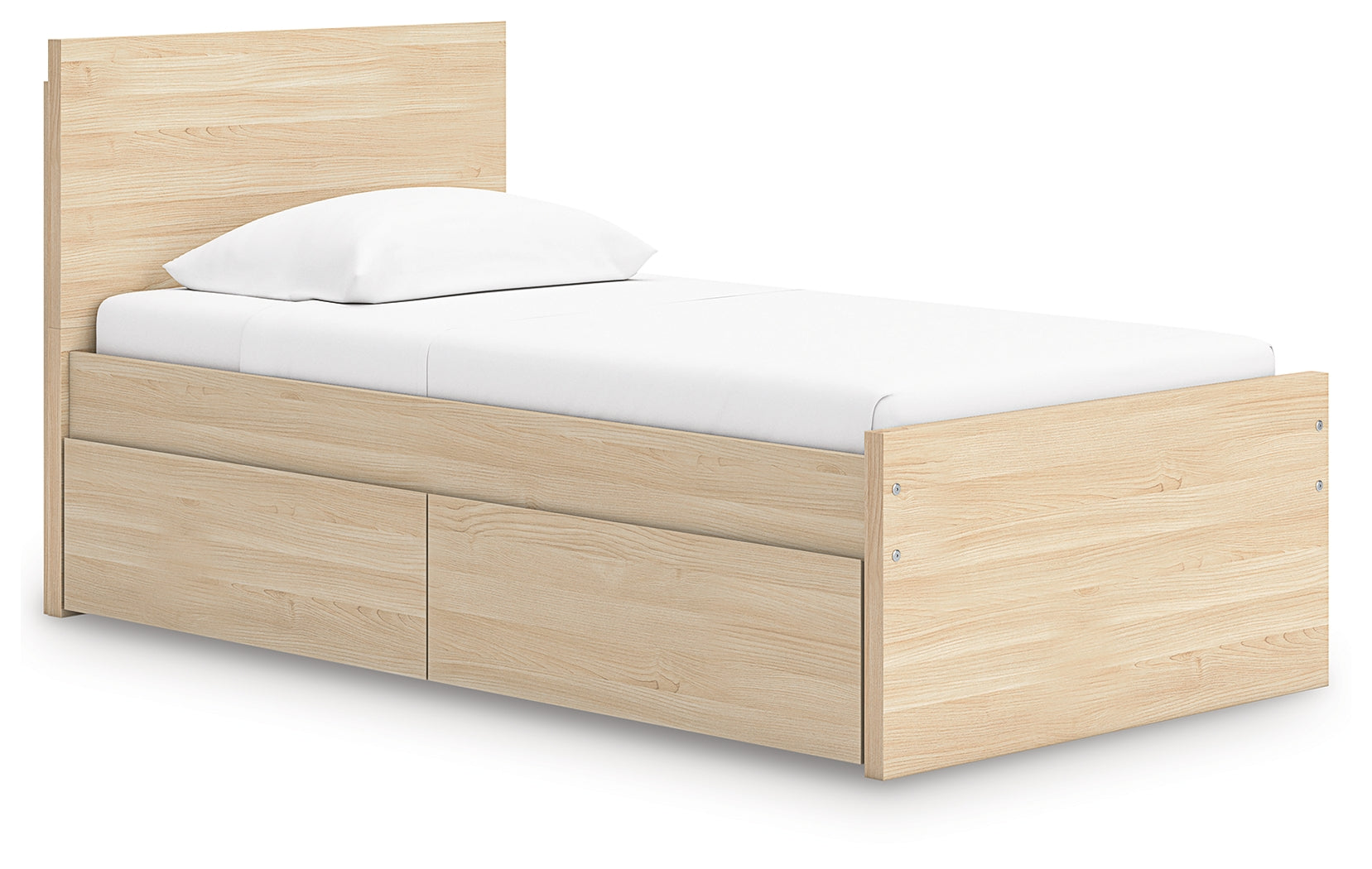 Onita twin bed side view showing storage drawer opened