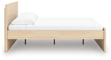 Side view of Onita natural queen bed with storage drawers open