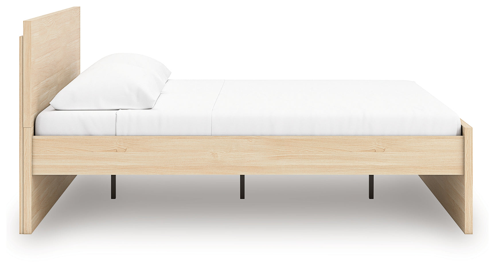 Side view of Onita natural queen bed with storage drawers open
