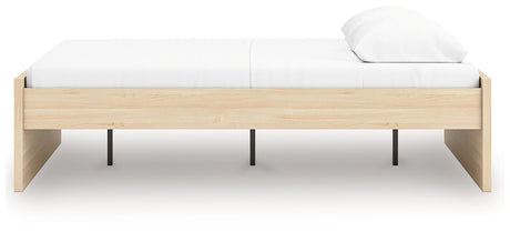 Onita Queen Platform Bed in natural finish, side angle view