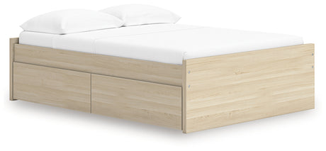Side angle view of Onita Full Platform Bed with storage drawers open