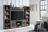 Derekson Multi Gray 4-Piece Entertainment Center side view showing shelves