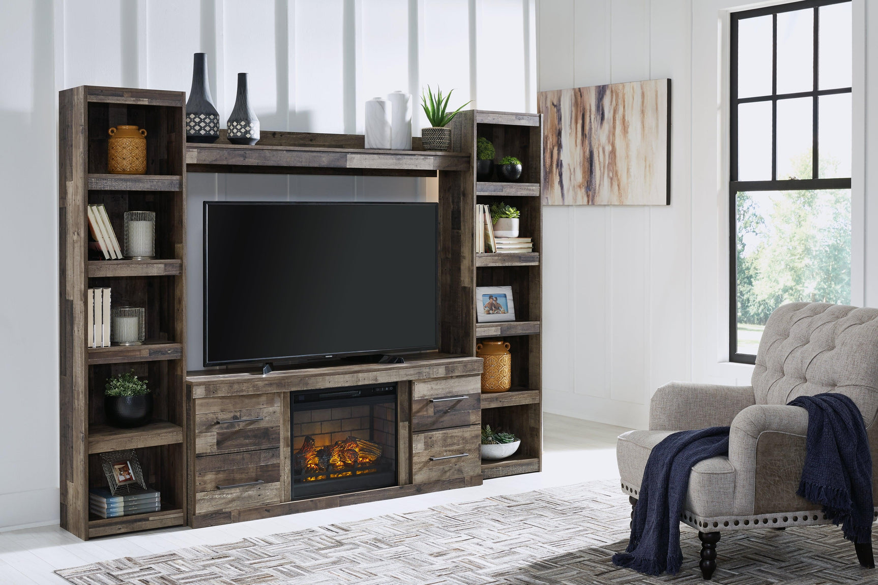 Derekson Entertainment Center TV stand with storage cabinets and adjustable shelves