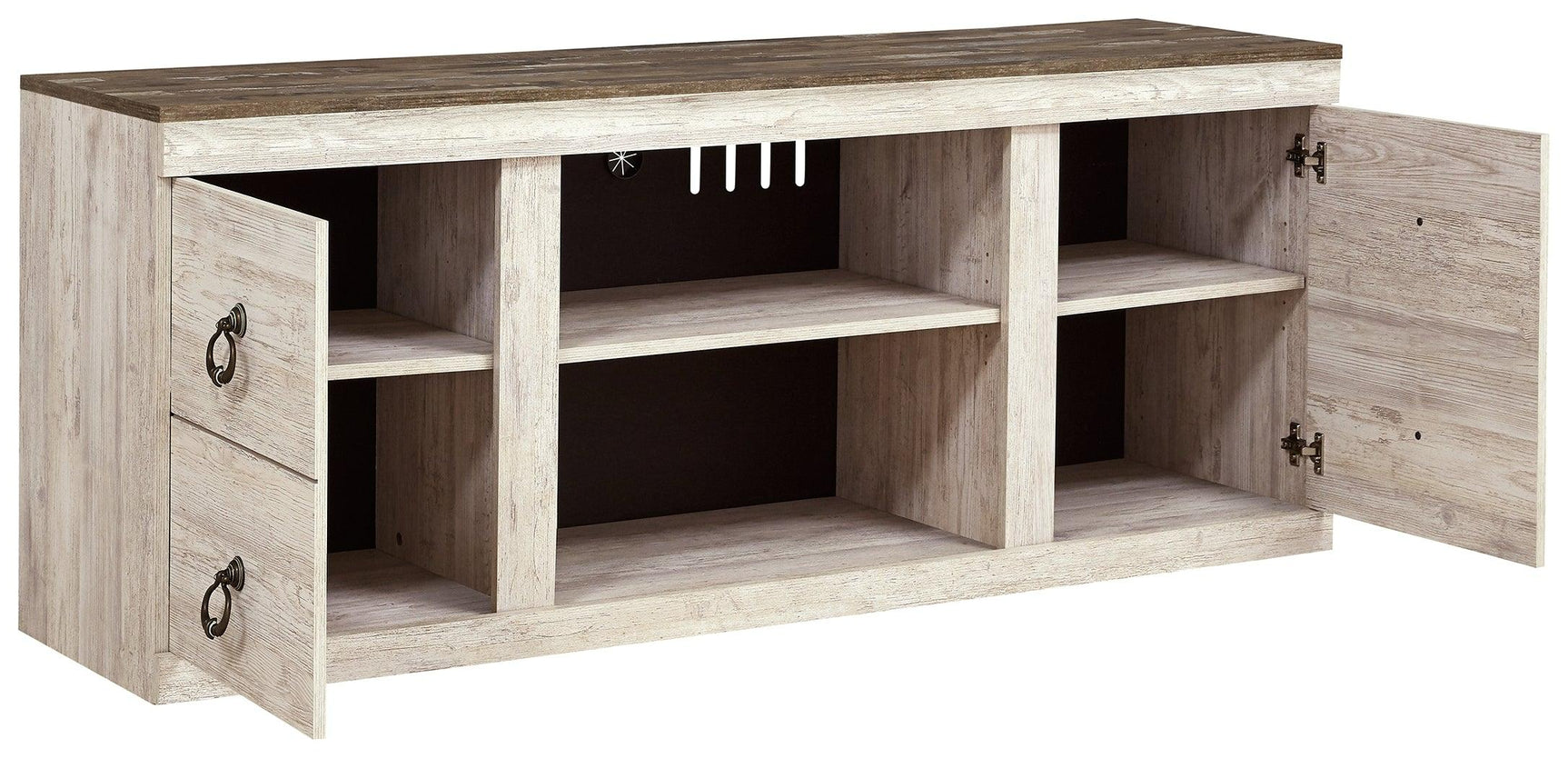 Willowton Whitewash 60" TV Stand open cabinets angle