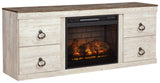 Angled view of Willowton Whitewash TV Stand with Electric Fireplace