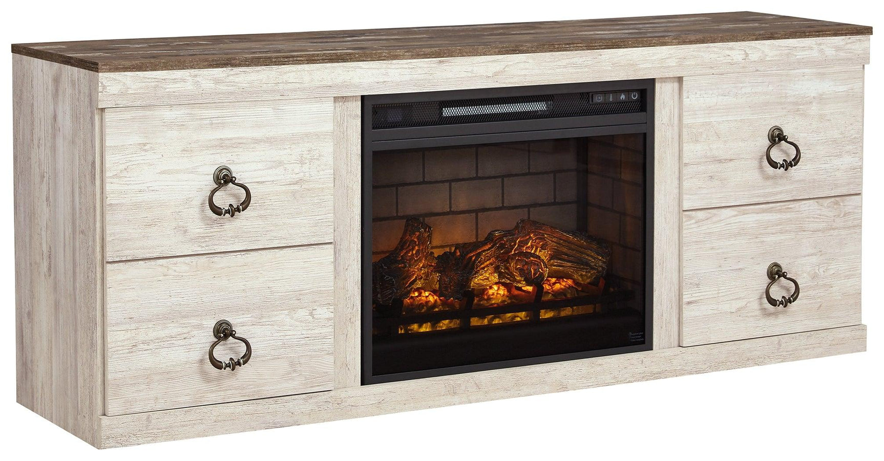 Angled view of Willowton Whitewash TV Stand with Electric Fireplace