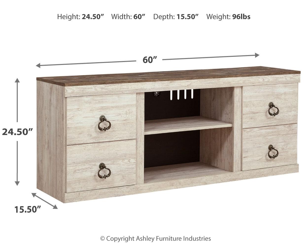 Willowton Whitewash 60" TV Stand dimension diagram