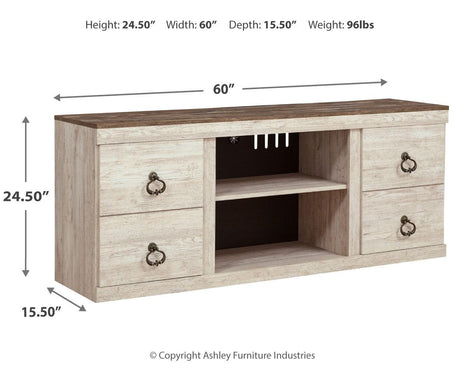 Willowton Whitewash 60" TV Stand dimension diagram