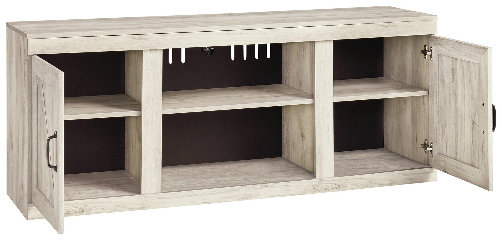 Bellaby Whitewash 60" TV Stand assembled living room setup
