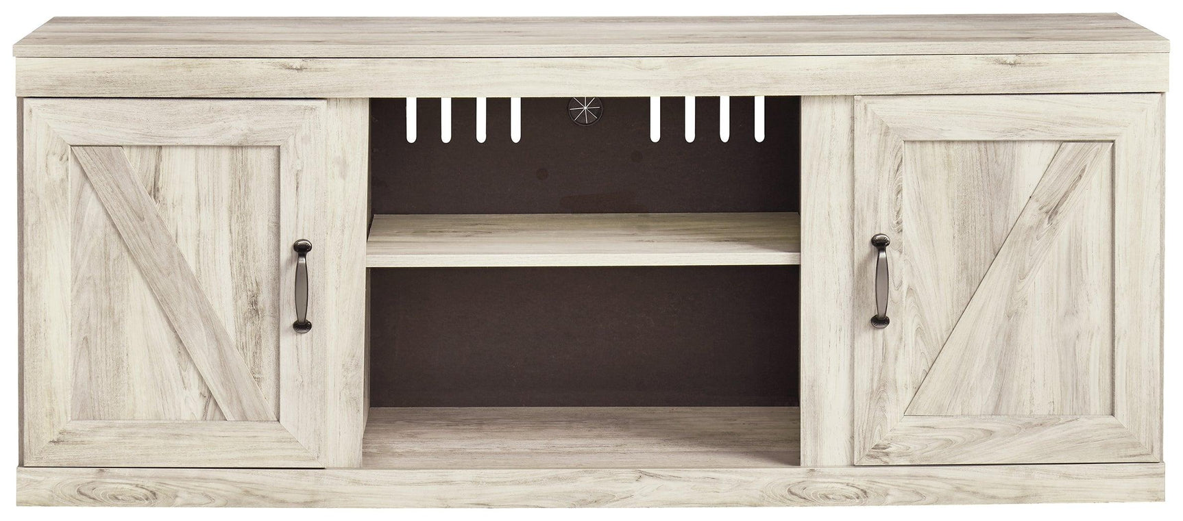 Bellaby Whitewash 60" TV Stand side view showing thickness
