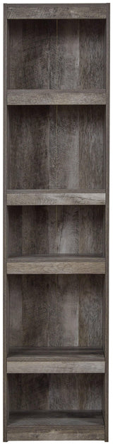 Side view of Wynnlow Gray Pier TV Stand with wood grain detail