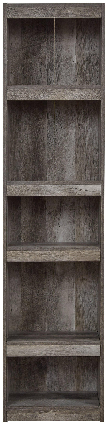 Side view of Wynnlow Gray Pier TV Stand with wood grain detail