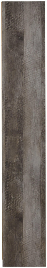 Close-up of Wynnlow Gray Pier TV Stand gray replicated oak grain finish