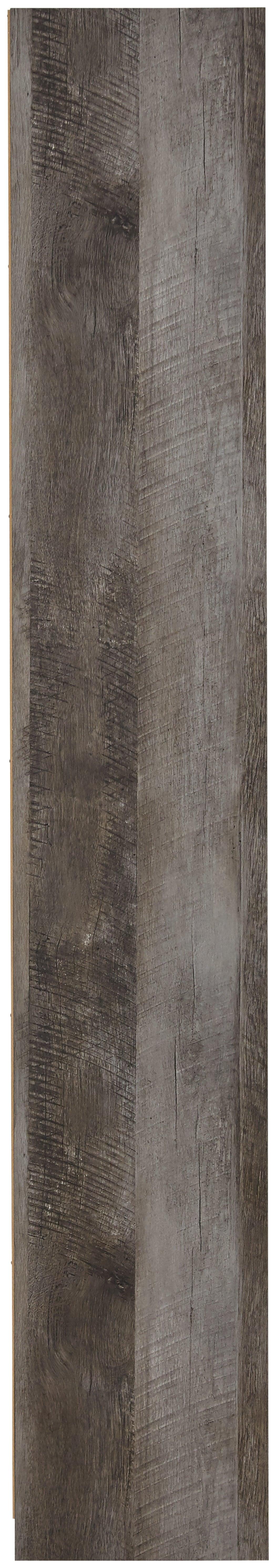 Close-up of Wynnlow Gray Pier TV Stand gray replicated oak grain finish
